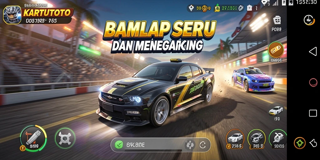 Screenshot menampilkan aksi balap seru di KARTUTOTO dengan berbagai kendaraan.