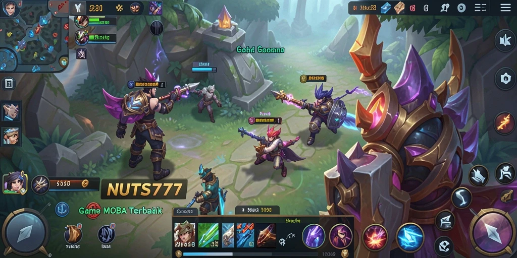 Screenshot gameplay NUTS777 menampilkan pertarungan seru di arena MOBA.