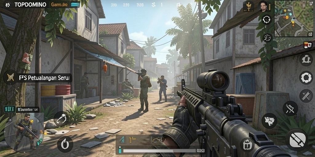Screenshot gameplay TOPDOMINO menampilkan aksi tembak-menembak yang intens.